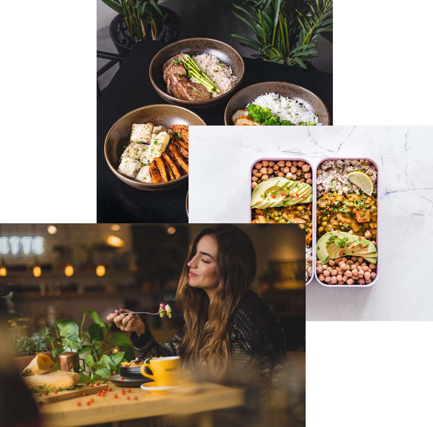 Womab enjoying food, meals instorage container, and food bowls on a table